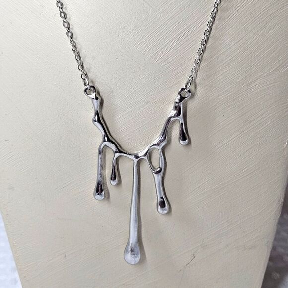 Lava Melt Water Drip Necklace - Silvertone - Picture 2 of 6